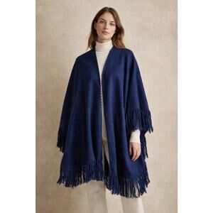 Alpaca Peru Navy Fringe Poncho Wrap Cape
